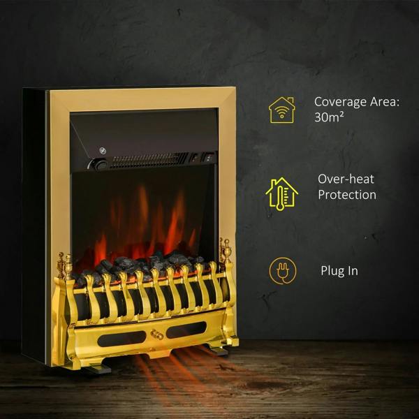 Golden electric fireplace inset with glass front and bright LED flame effect