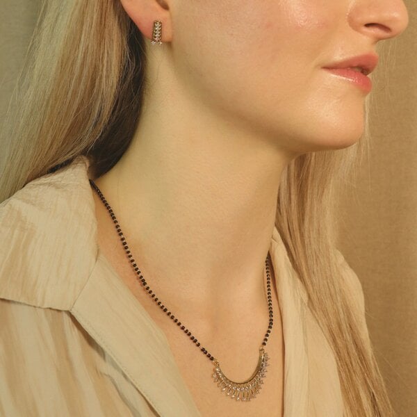 The Colourful Aura Indian Nazaria Gold Sunburst Zircon Mangalsutra Black Beads Pendant Necklace