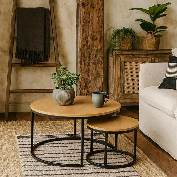 Wyld Haus Odense Wild Oak Effect Round Nesting Coffee Table Set Black Metal Legs