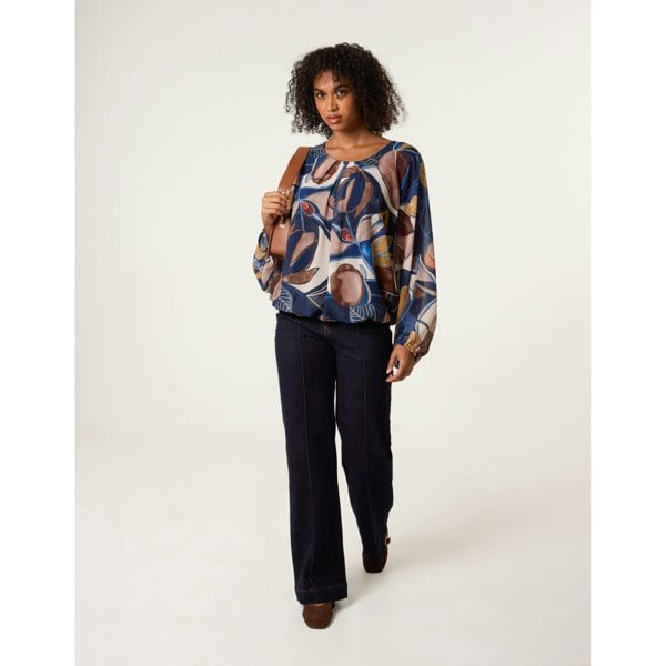 Blue Vanilla Abstract Print Scoop Neck Puffball Blouse