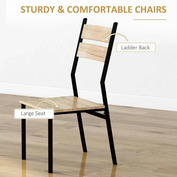 Ladder-back dining chair with large seat, light wood slats and black frame