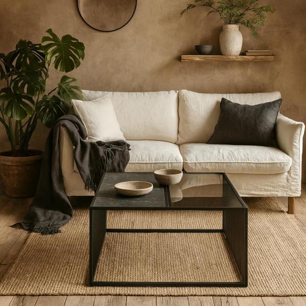 Wyld Haus Porto Black Metal Organic Square Coffee Table with Glass and Stone Effect Top