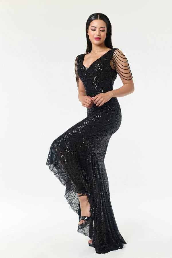 LuvForever Black Jewelled Hi-Lo Sequin Dress