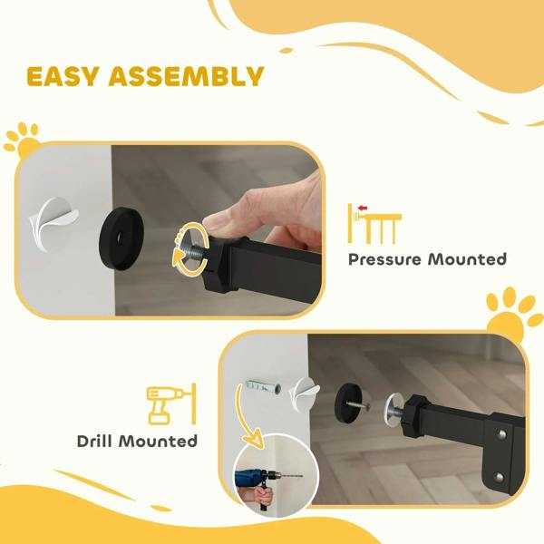 Black pet gate assembly with pressure-mounted and drill-mounted hardware illustrations