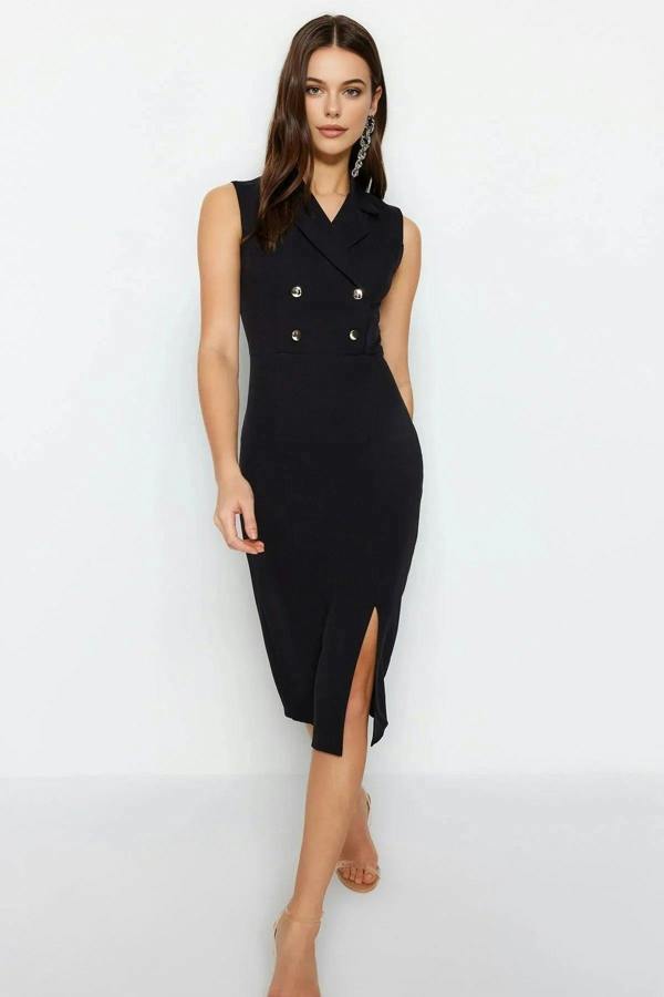 WOVCOR Fitted Jacket Collar Midi Woven Dress