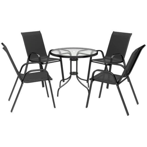 Five-Piece Steel Patio Set, with Glass-Top Table - Black