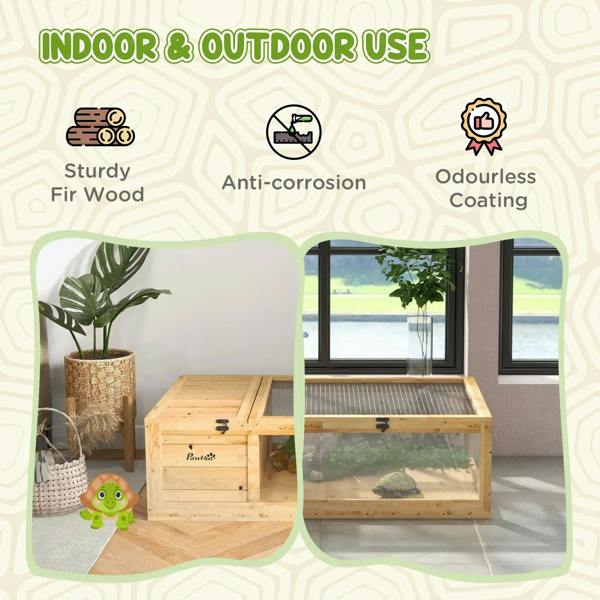 Small wooden reptile house with mesh roof, shown for indoor/outdoor use.