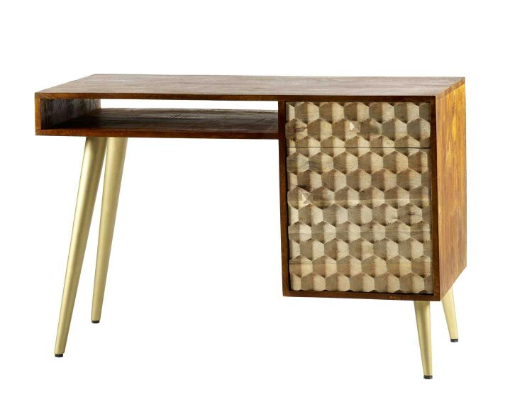 Wyld Haus Beijing Mango Wood Desk 1 Drawer 1 Door Gold Geometric Pattern