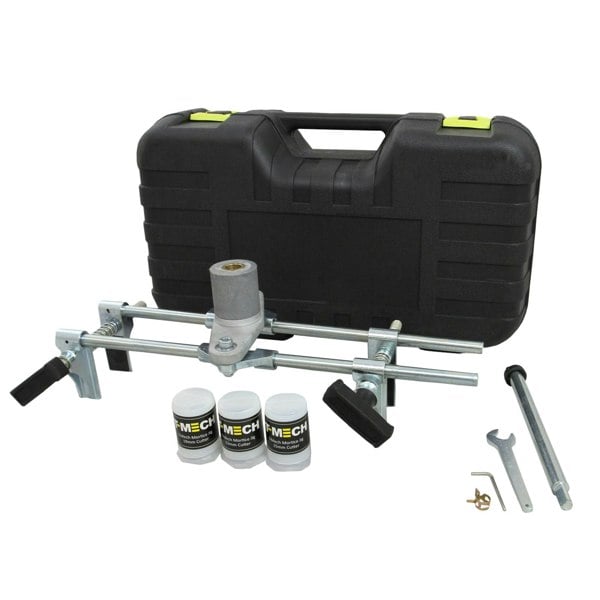 T-Mech Mortice Jig set with adjustable metal frame, black carrying case, and three white lubricant containers for precise drilling