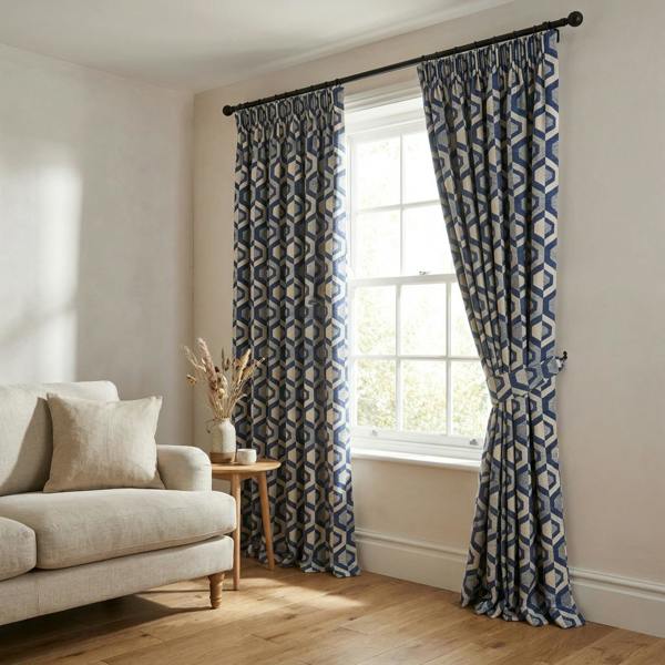 Gusta made-to-measure curtains in Navy, styled in a living room