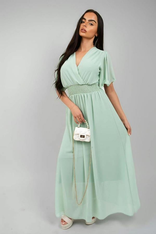 Elsie Smocked Waist V Neck Short Sleeve Flowy Maxi Dress - Mint
