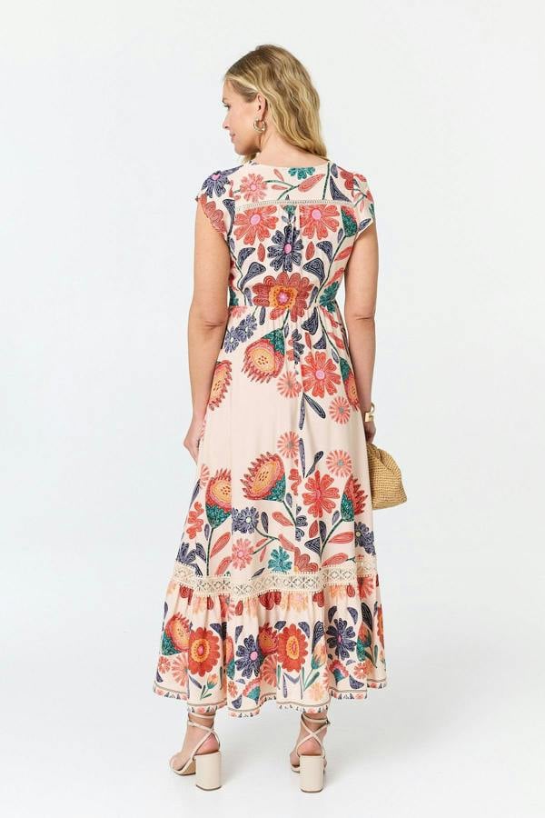 Orange | Floral Cap Sleeve V-Neck Maxi Dress