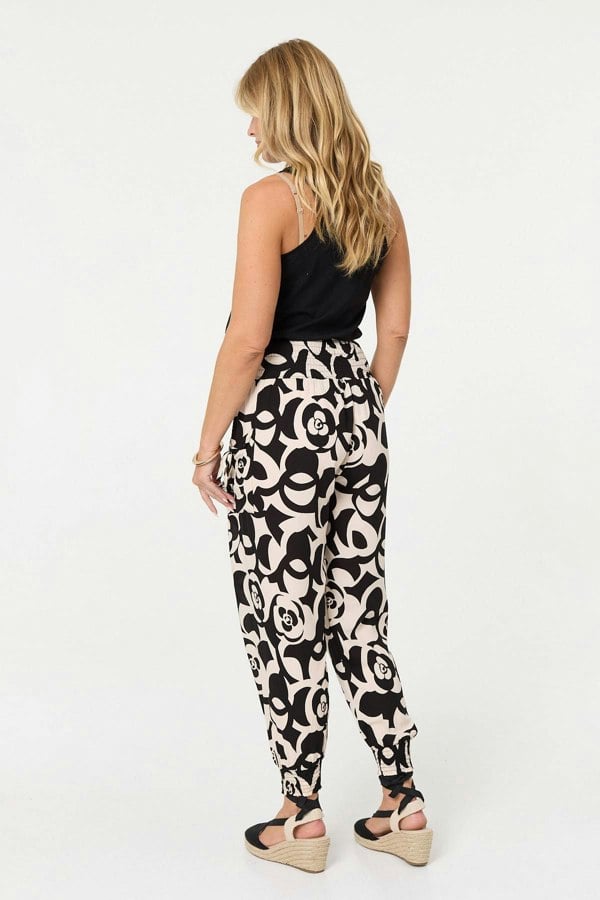 Black | Printed Shirred High Waist Harem Pants
