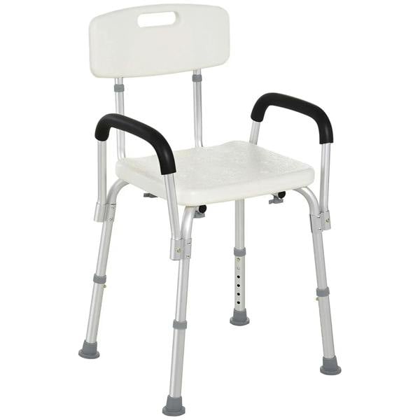 White adjustable shower chair with backrest and black curved armrests, padded seat
