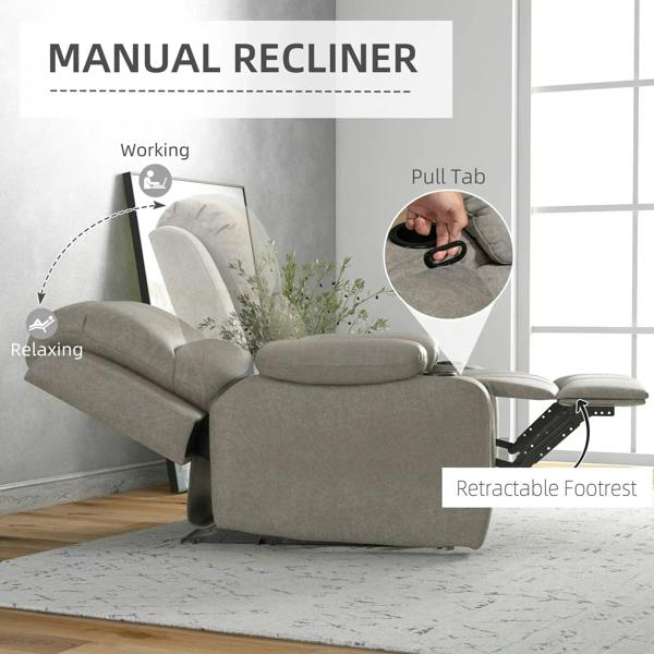Light gray manual recliner chair with retractable footrest and cup holder