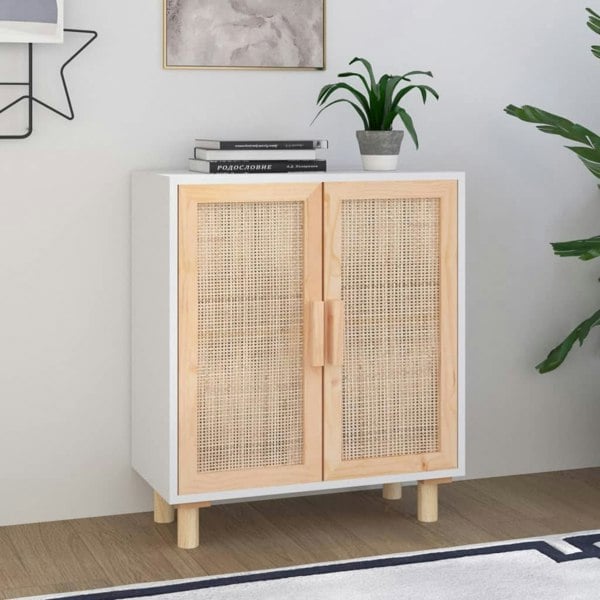Berkfield Sideboard White 60x30x70 cm Solid Wood Pine and Natural Rattan