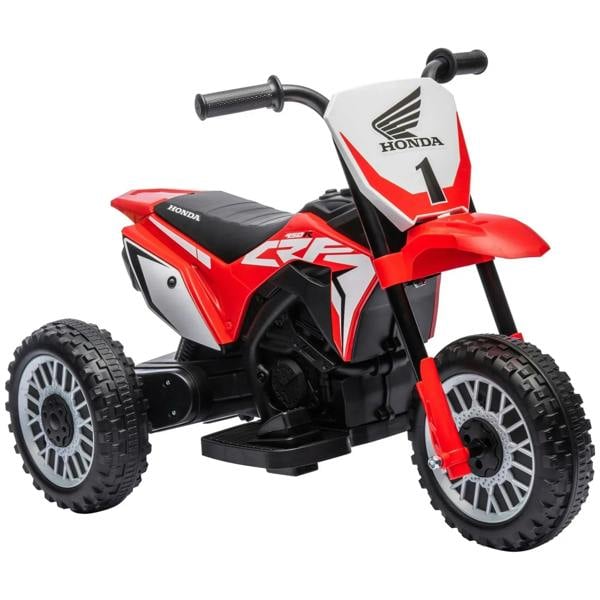 Red three-wheel kids electric motorbike with black seat, HONDA logo, knobby tires