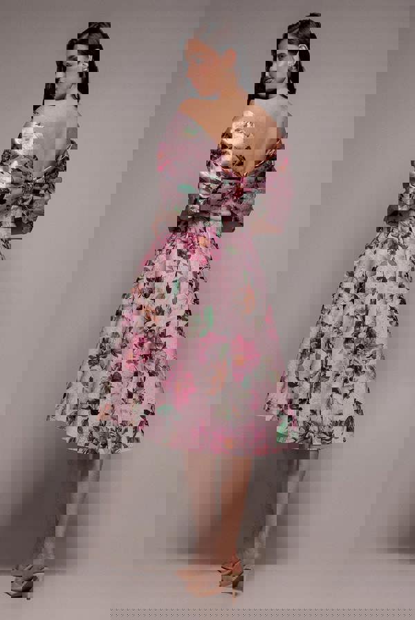 Off Shoulder Floral Bow Back A Line Midi Dress - Blush Pink DR5120