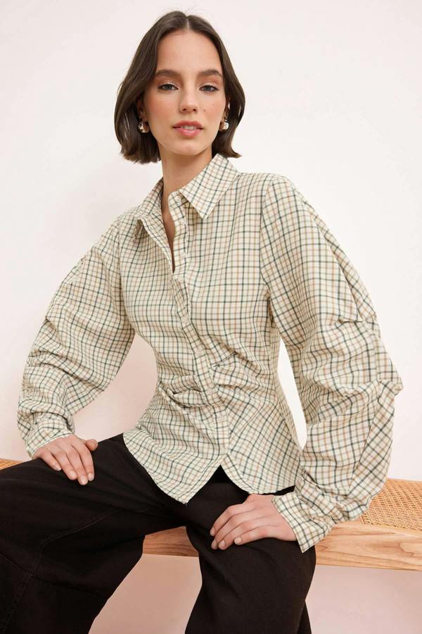 WOVCOR Balloon Sleeve Fitted Asymmetric Shirt