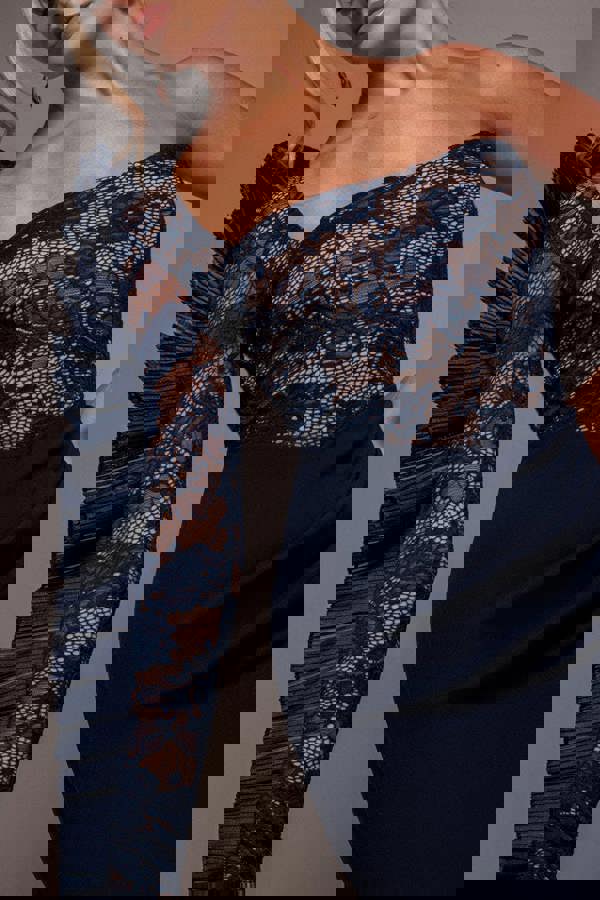 One Shoulder Organza  Fan Detail Lace Bodice Maxi Dress - Navy Blue DR4577