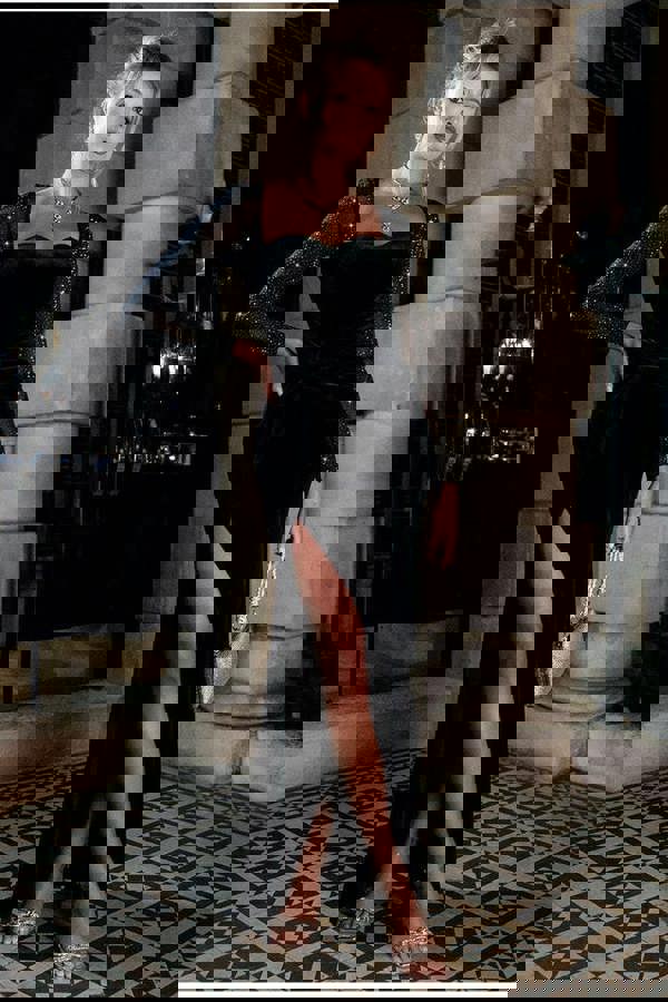 Hotfix Diamante Sleeve Front Split Velvet Maxi Dress - Black DR4383