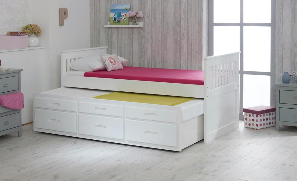 Captains TM Captains Guest Bed with Pull Out Trundle and 3 Storage Drawers, Solid Pine, 3ft Single, White or Waxed