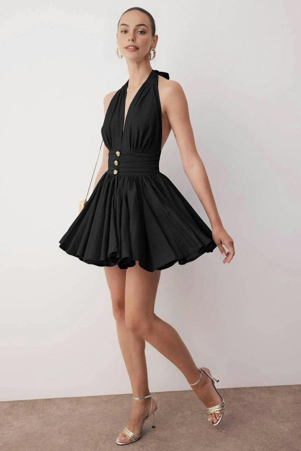 WOVCOR Skater Mini Dress with Button Detail