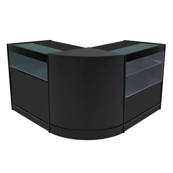 Black Adonis LED Shop Counter Set featuring a sleek, modern design with glass display sections and smooth, curved edges