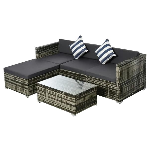 Grey rattan garden sectional sofa set with cushions and striped throw pillows
