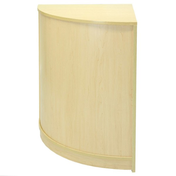 Maple corner counter with a smooth, curved design and light wood finish, ideal for retail shop displays and customer service areas