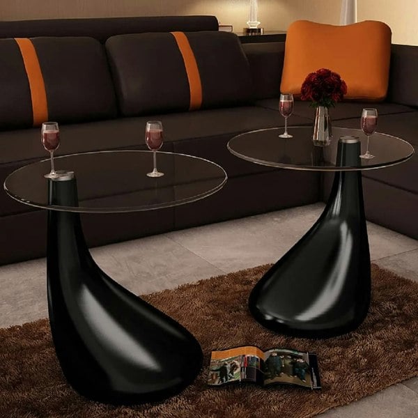 Berkfield Coffee Table 2 pcs with Round Glass Top High Gloss Black