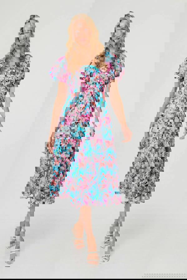 Pink | Abstract Puff Sleeve Shirred Midi Dress