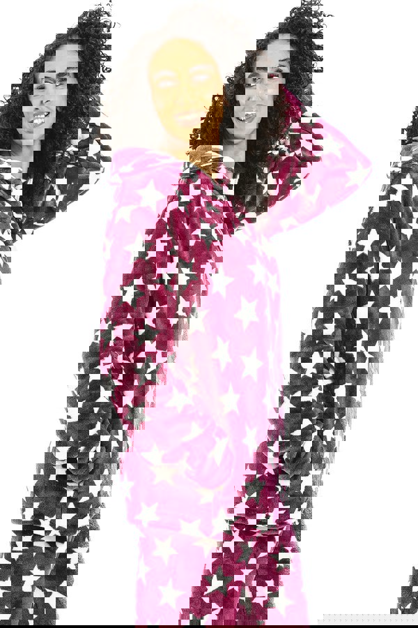 Camille Womens Supersoft Fleece Burgundy Star Print Pyjama Set