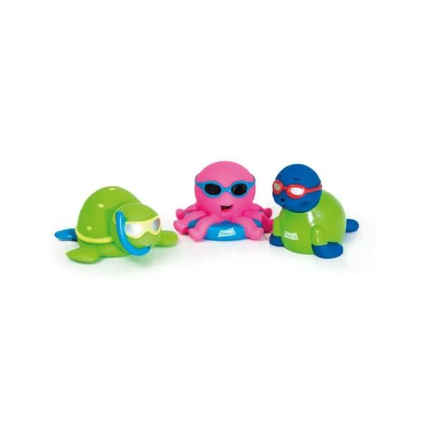 Zoggs Splashems green turtle bath toy with blue goggles and pink octopus pal