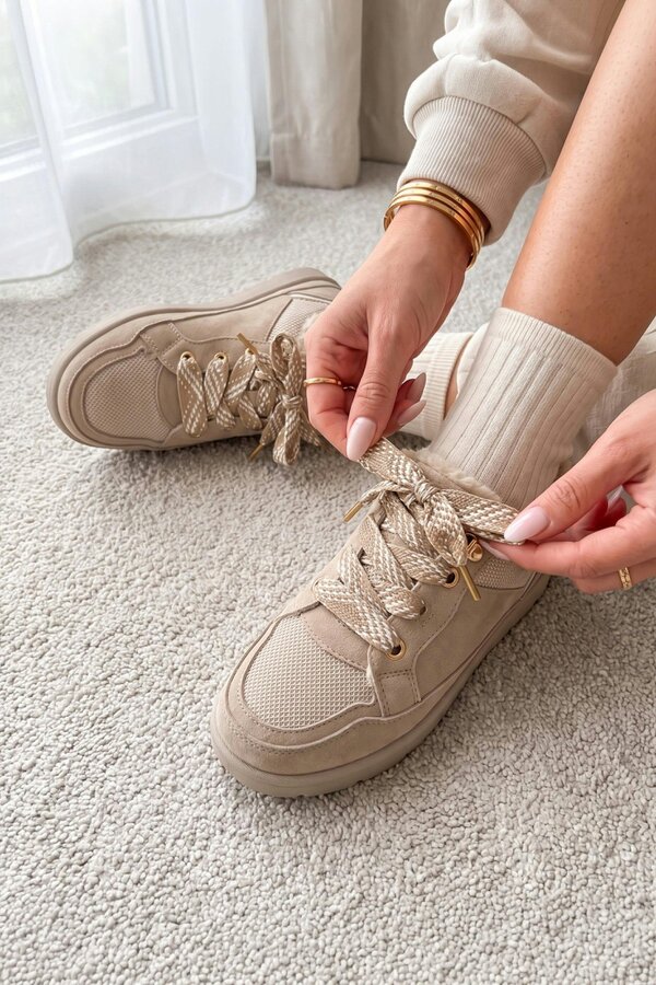 Love Lemonade Hudson Comfort Faux Suede Check Lace Faux Fur Lined Trainers Mocha