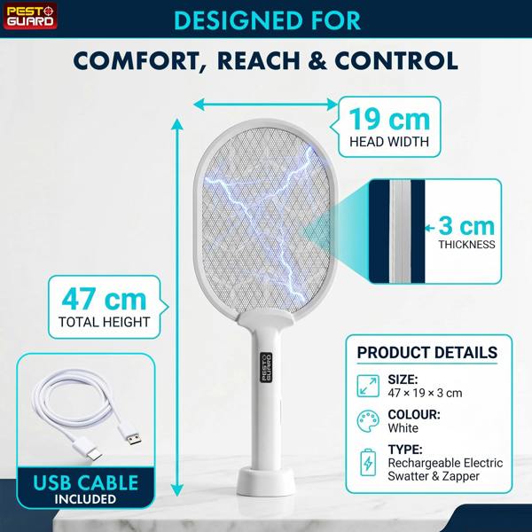 Electric Fly Swatter Racket - 2 in 1 Rechargeable Electric Fly Swatter & Zapper with LED Light, USB Powered Flying Insect Control Tool