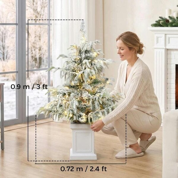 Bobobiy 3ft Prelit Flocked Christmas Tree, Artificial Snow Flocked Spruce with 100 Warm White LED Lights, 8 Modes, Green