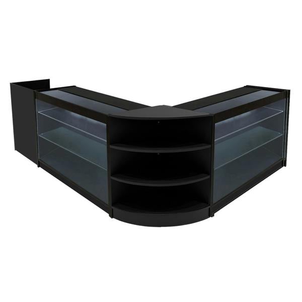 Black Astro LED Shop Counter Set featuring sleek glass shelves, curved design, and modern lighting for retail display
