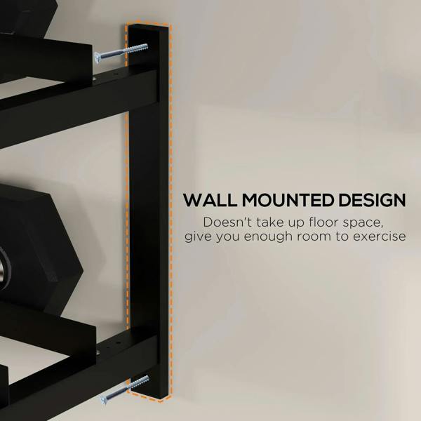 Wall-mounted dumbbell rack with bolts and wall-mounting brackets for secure setup