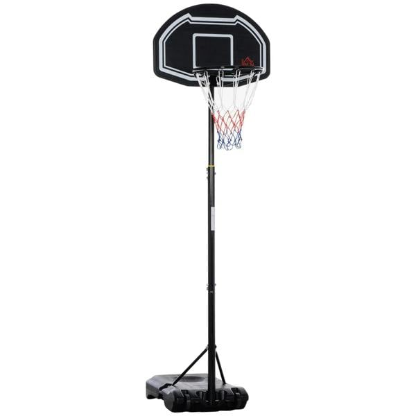 Black adjustable basketball hoop stand with backboard and hanging net, on weight base