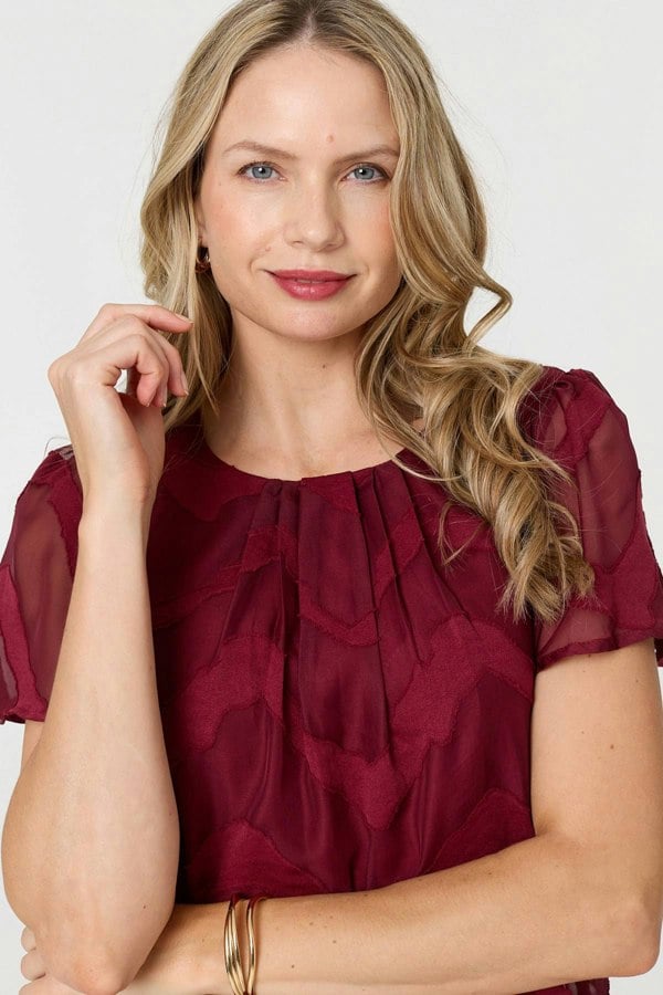 Burgundy | Chevron Print Layered Ruched Blouse
