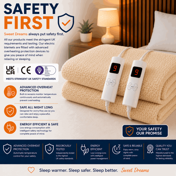 Sweet Dreams King Size Electric Heated Blanket Mattress Soft Fleece Throw 9 Heat And 9 Timer Settings Dual Controller Washable