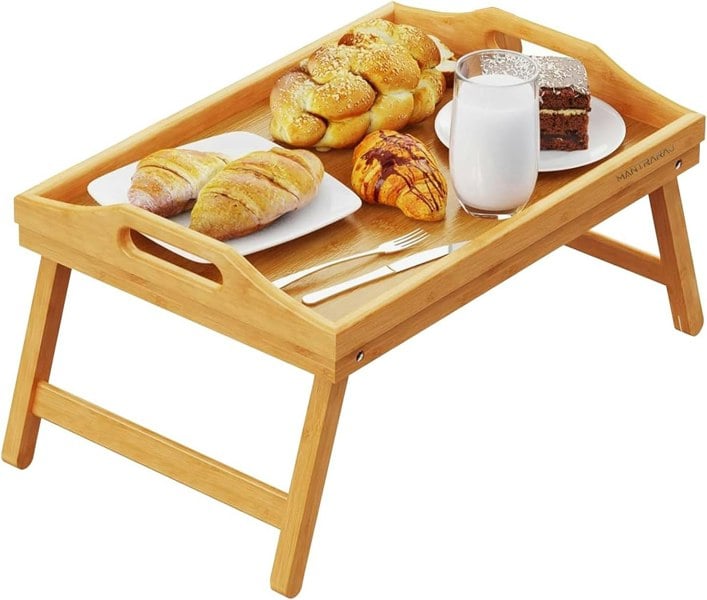 MANTRARAJ Bamboo Bed Tray Table with Foldable Legs And Handles Breakfast Tray for Sofa, Bed, Platters Lap Tray (Natural Brown)