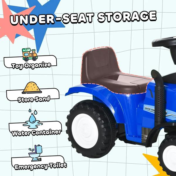 Blue toddler ride-on tractor walker with under-seat storage area and chunky tires