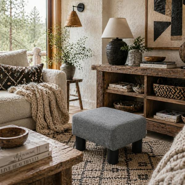 Wyld Haus Nekael Linen Grey Cube Footstool With 4 Plastic Feet
