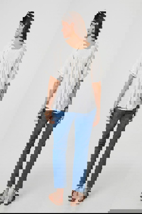 White | Textured Semi Sheer Shirred Bardot Top
