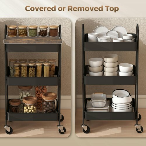 Wyld Haus Rottola Wooden Rustic Brown And Black 3 Tier Kitchen Trolley With Covered Top