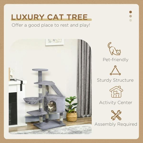 Grey cat tree activity center with multiple resting areas, perches, and enclosed cubby