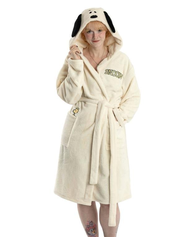 Peanuts Womens White Snoopy Hooded Bathrobe