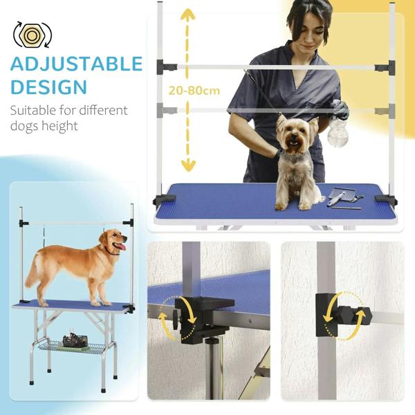 Adjustable pet grooming table with blue rubber top and hanging loops for dogs or cats